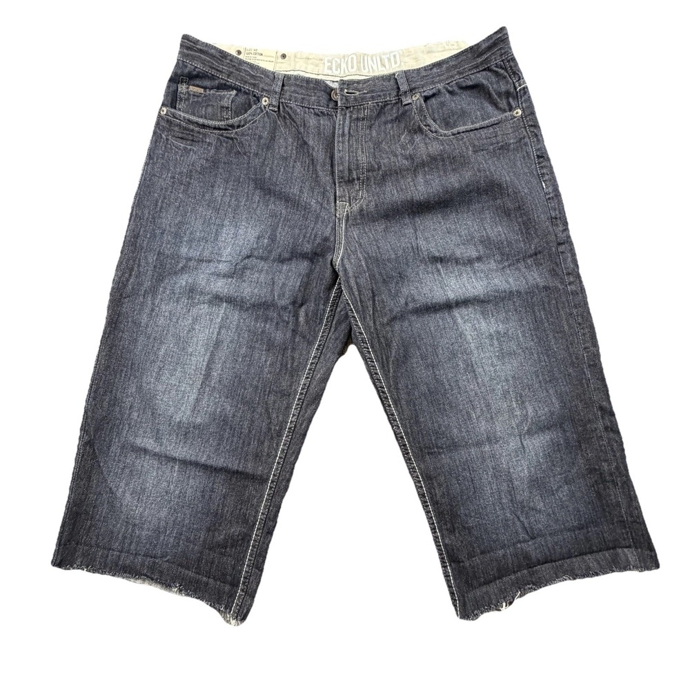Ecko Unltd Baggy Fit Denim Shorts Y2K Size 40 Dark Wash Raw Hem Jean Shorts